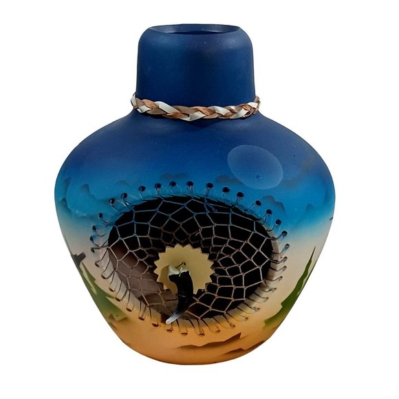 2 Native American Pottery Vases Dreamcatcher Buffalo Southwest Eagle Fea… - Picture 7 of 13